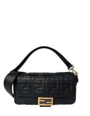 Fendi Black Nappa Embossed Logo FF 1974 Medium Baguette NM Bag w/ Two Straps