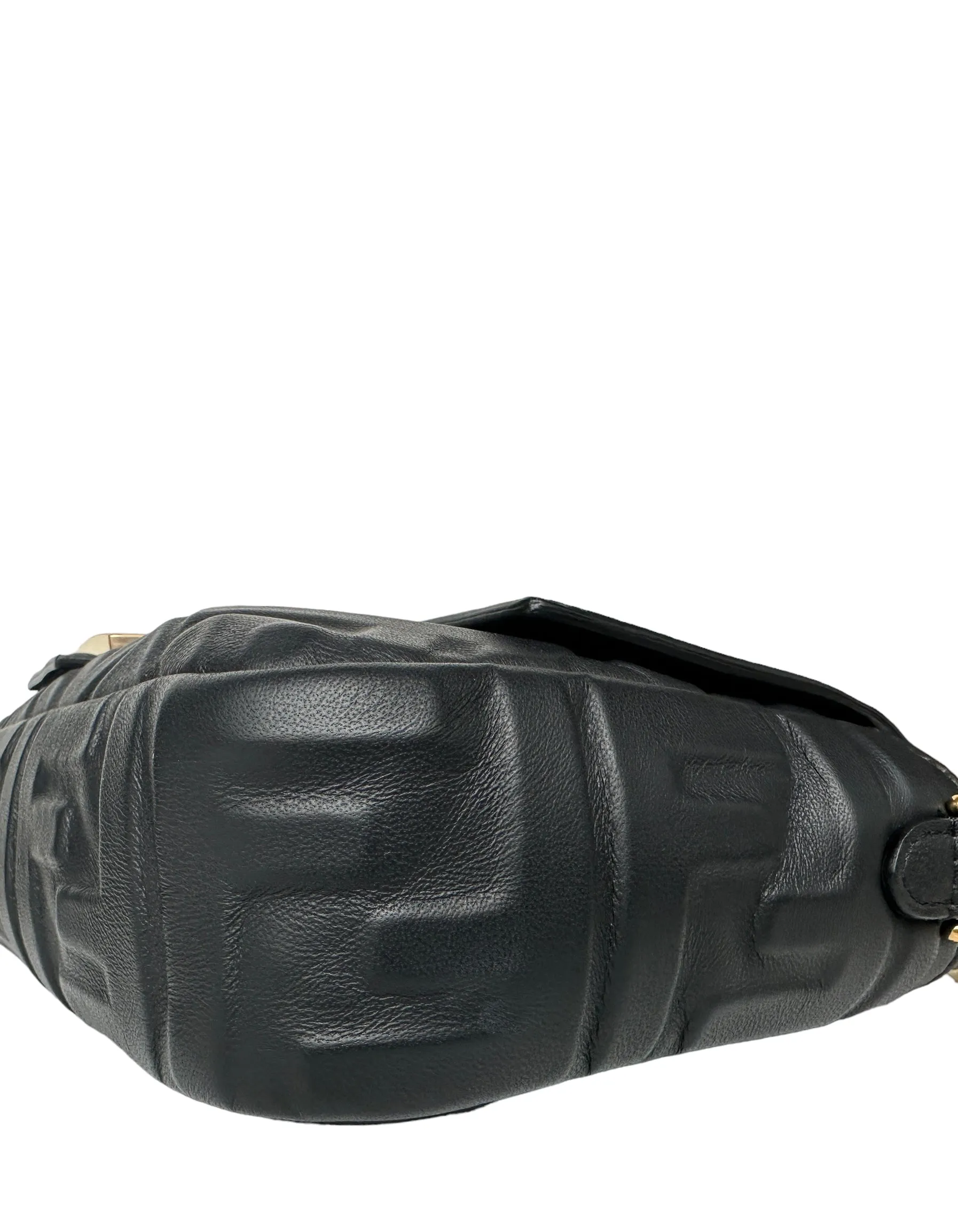 Fendi Black Nappa Embossed Logo FF 1974 Medium Baguette NM Bag w/ Two Straps