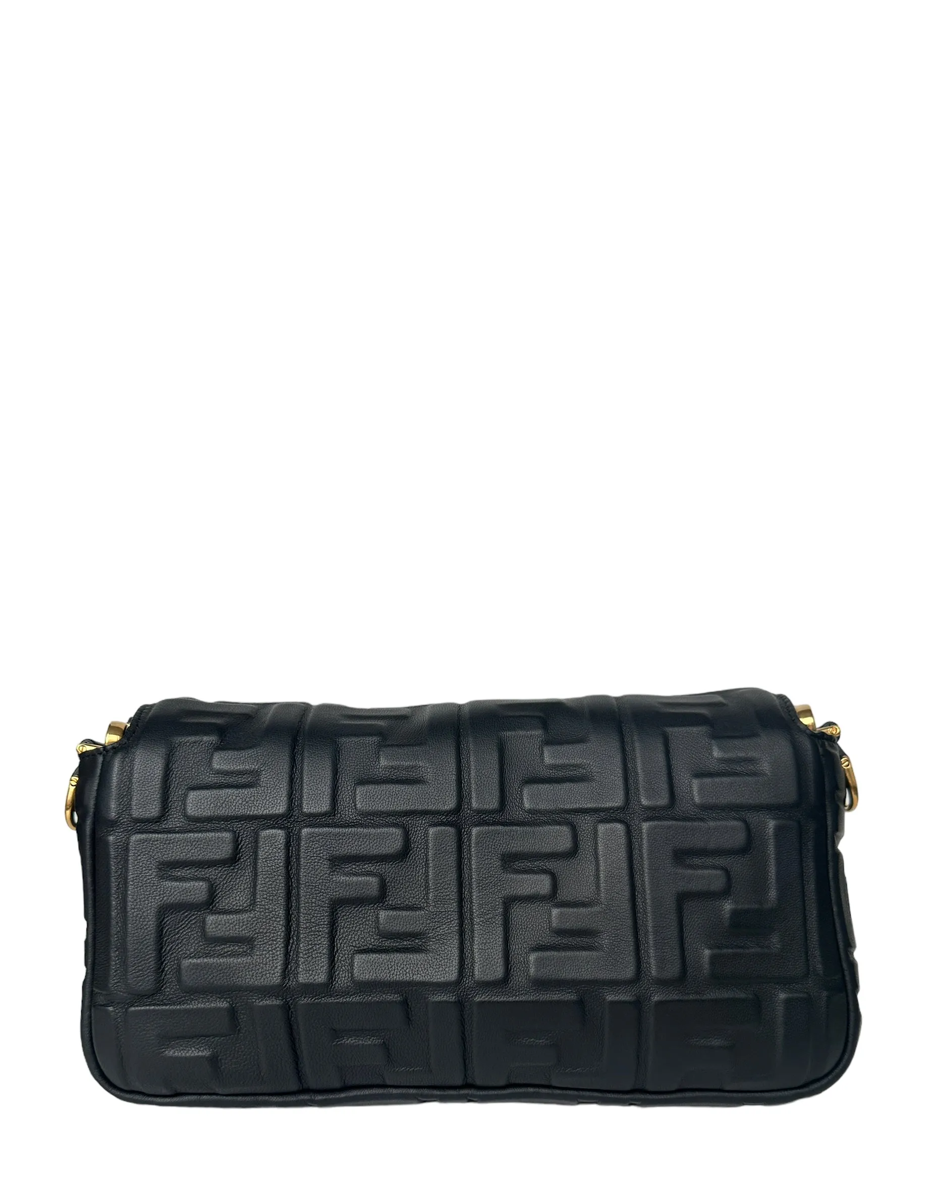 Fendi Black Nappa Embossed Logo FF 1974 Medium Baguette NM Bag w/ Two Straps