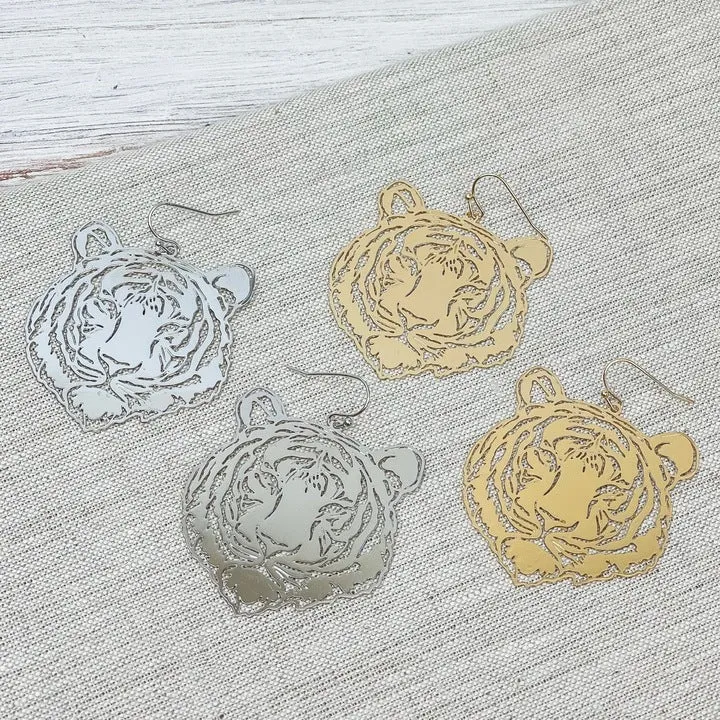 Filigree Tiger Dangle Earrings - Silver