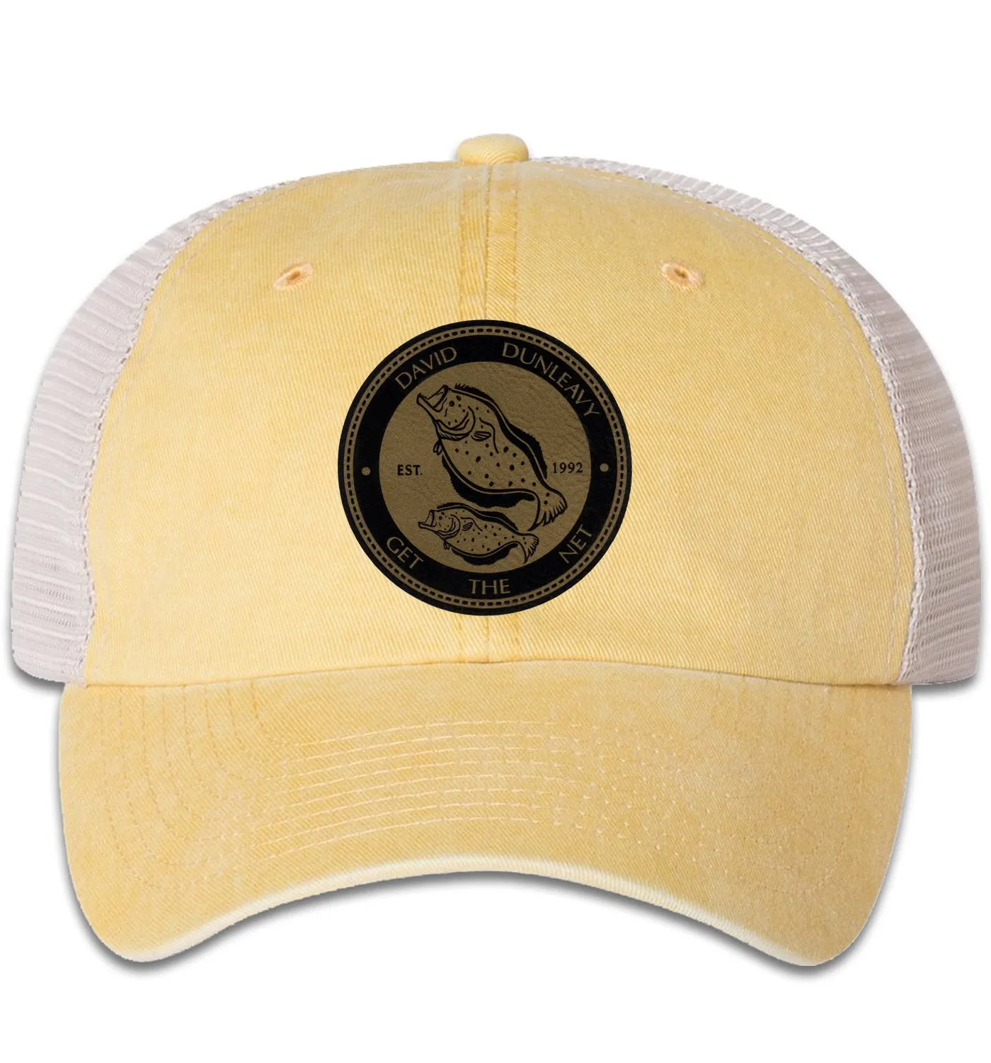 Flounder Deco 6 Panel Trucker Snap Back Pigment Dyed Yellow Stone Hat