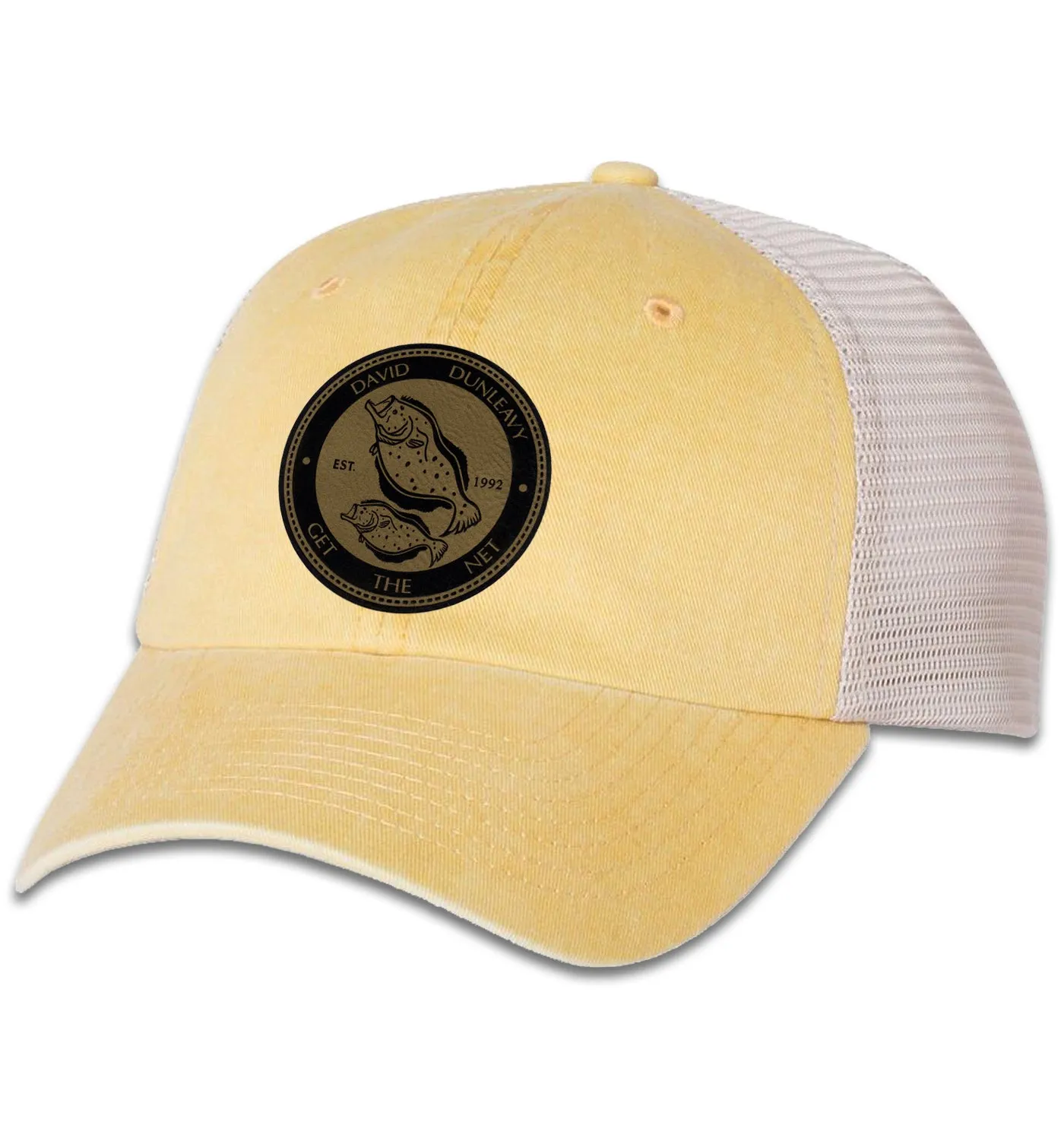 Flounder Deco 6 Panel Trucker Snap Back Pigment Dyed Yellow Stone Hat