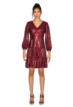 FOCUS by SHANI - V-Neck Fit and Flare Sequin Dress in Wine