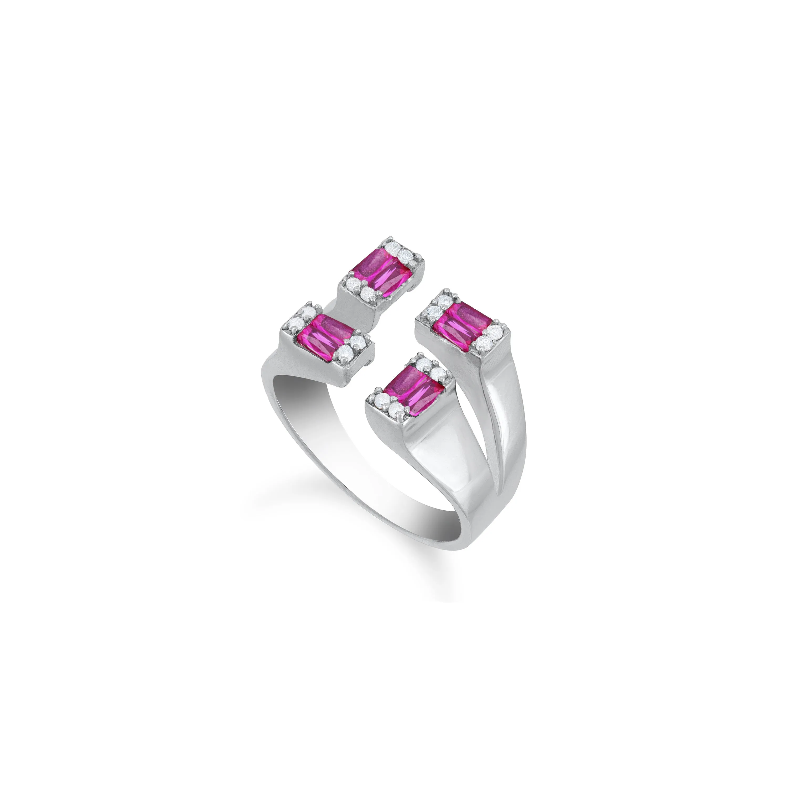 Four Baguette Stone Open Ring - Silver Fuchsia And White