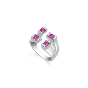 Four Baguette Stone Open Ring - Silver Fuchsia And White