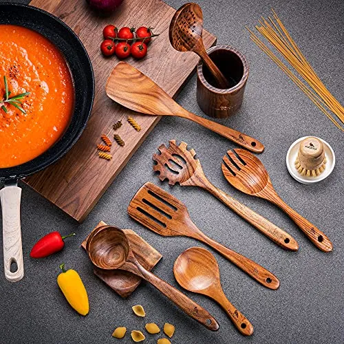 Fox Skills Wooden Kitchen Utensils - 11-Piece Cooking Set - Durable Natural Teak Wood Cookware with Non-Stick Finish - Includes Spoons, Spatulas, Display Holder, Spoon Rest, Cleaning Brush, Canvas Bag