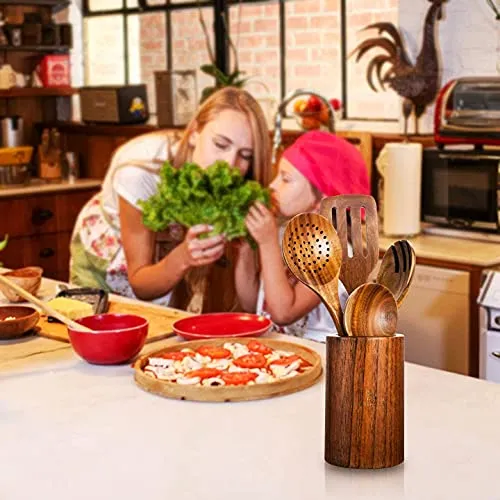 Fox Skills Wooden Kitchen Utensils - 11-Piece Cooking Set - Durable Natural Teak Wood Cookware with Non-Stick Finish - Includes Spoons, Spatulas, Display Holder, Spoon Rest, Cleaning Brush, Canvas Bag