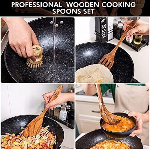 Fox Skills Wooden Kitchen Utensils - 11-Piece Cooking Set - Durable Natural Teak Wood Cookware with Non-Stick Finish - Includes Spoons, Spatulas, Display Holder, Spoon Rest, Cleaning Brush, Canvas Bag