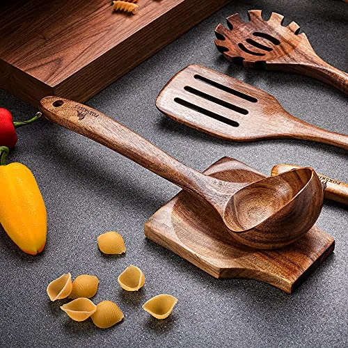 Fox Skills Wooden Kitchen Utensils - 11-Piece Cooking Set - Durable Natural Teak Wood Cookware with Non-Stick Finish - Includes Spoons, Spatulas, Display Holder, Spoon Rest, Cleaning Brush, Canvas Bag