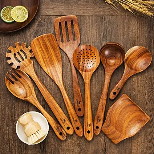 Fox Skills Wooden Kitchen Utensils - 11-Piece Cooking Set - Durable Natural Teak Wood Cookware with Non-Stick Finish - Includes Spoons, Spatulas, Display Holder, Spoon Rest, Cleaning Brush, Canvas Bag