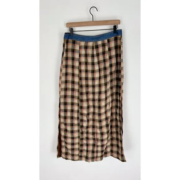 Free People Button Front Plaid Mixed Midi Skirt Womens Small Side Slit Denim