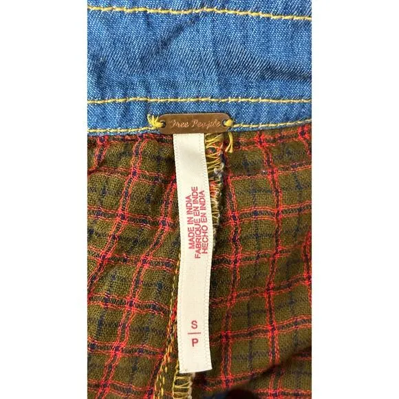 Free People Button Front Plaid Mixed Midi Skirt Womens Small Side Slit Denim