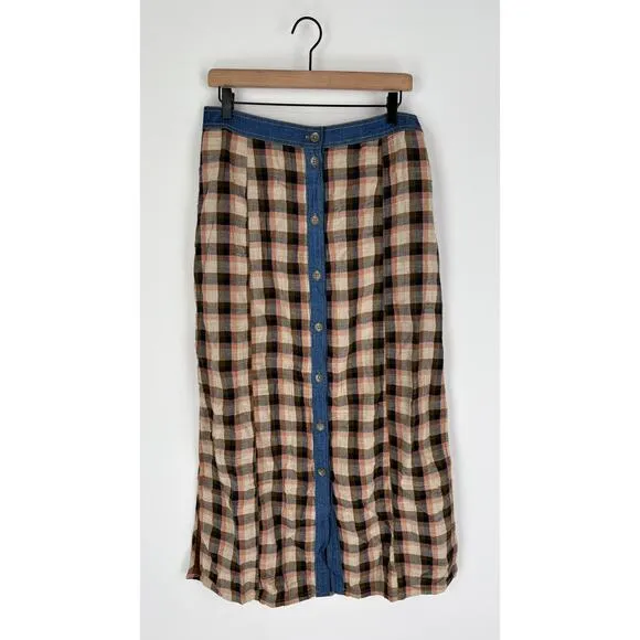 Free People Button Front Plaid Mixed Midi Skirt Womens Small Side Slit Denim