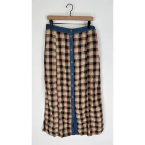 Free People Button Front Plaid Mixed Midi Skirt Womens Small Side Slit Denim