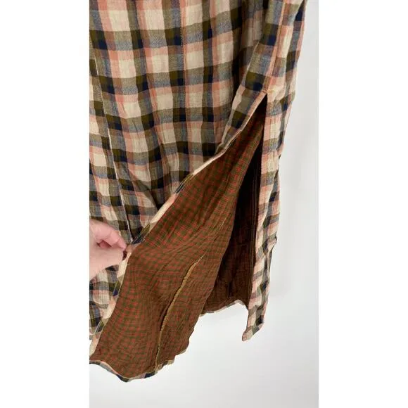 Free People Button Front Plaid Mixed Midi Skirt Womens Small Side Slit Denim
