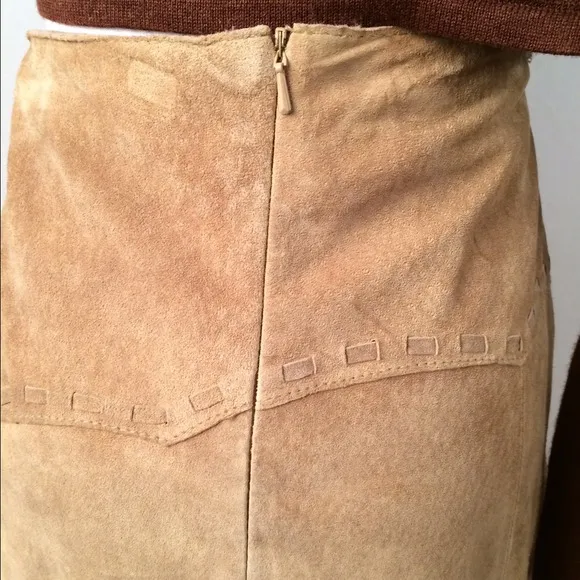 French Suede Leather Camel Midi Skirt