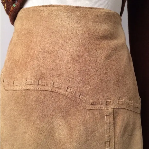 French Suede Leather Camel Midi Skirt
