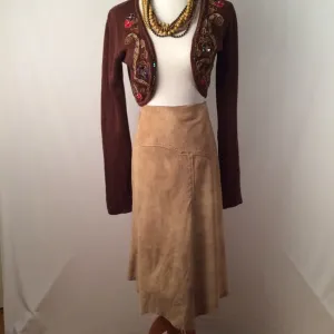 French Suede Leather Camel Midi Skirt