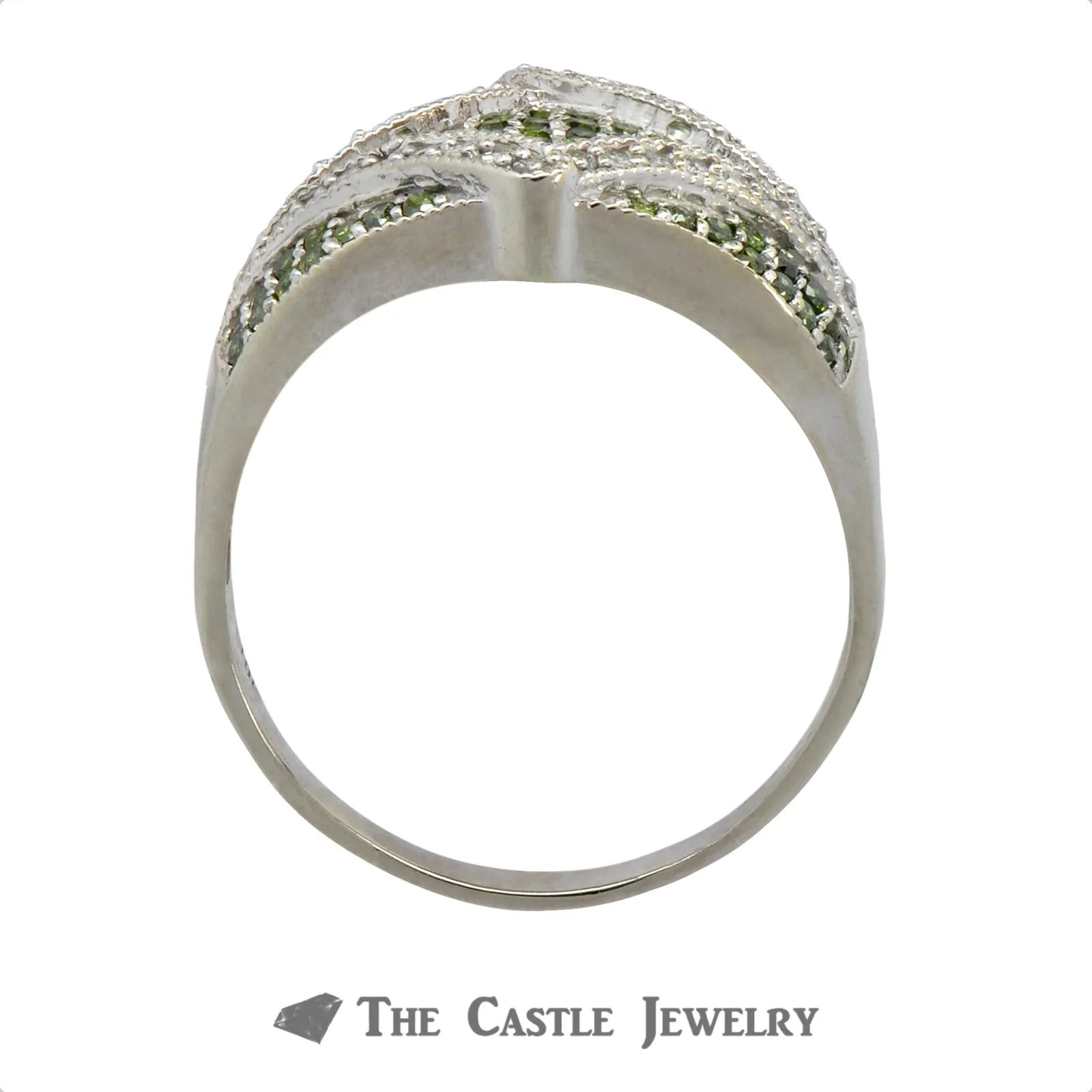 Green & White Diamond Cluster Ring With Fancy Rectangle Shaped Design