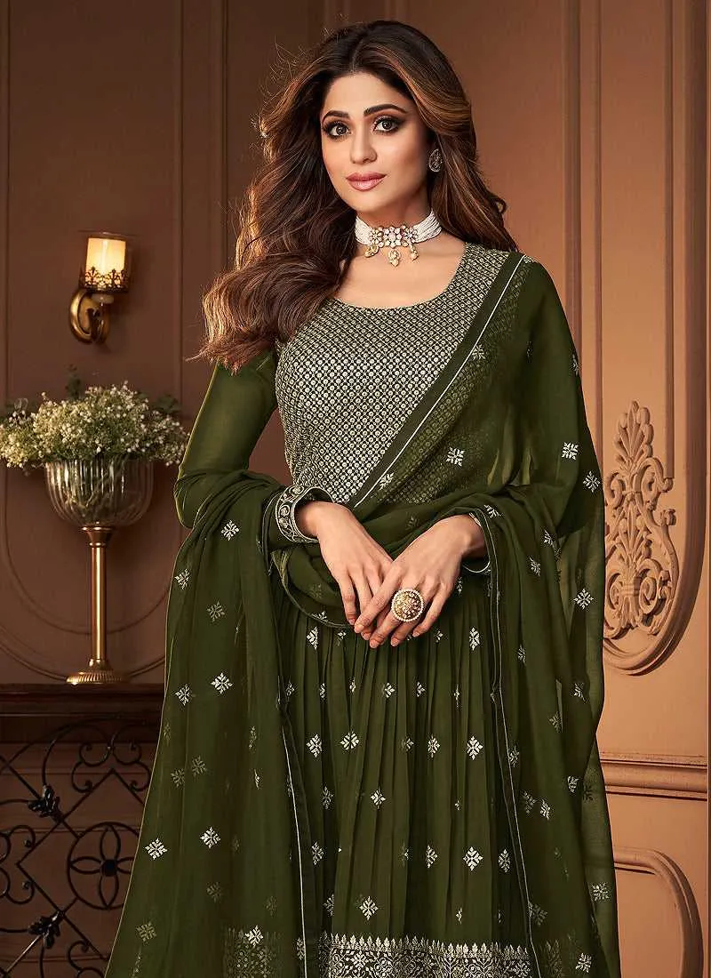 Green and Gold Designer Embroidered Sharara Suit