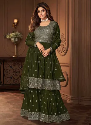 Green and Gold Designer Embroidered Sharara Suit