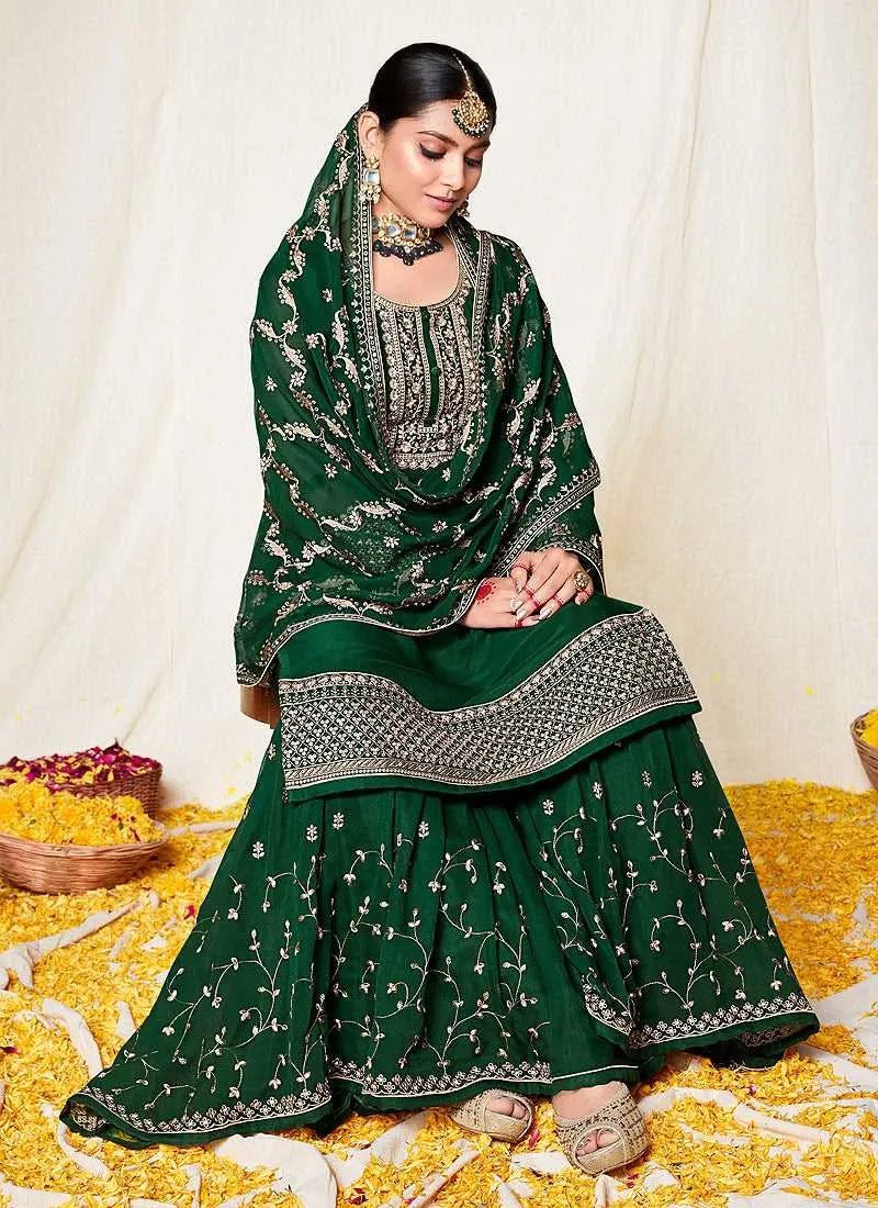 Green and Gold Embroidered Gharara Suit