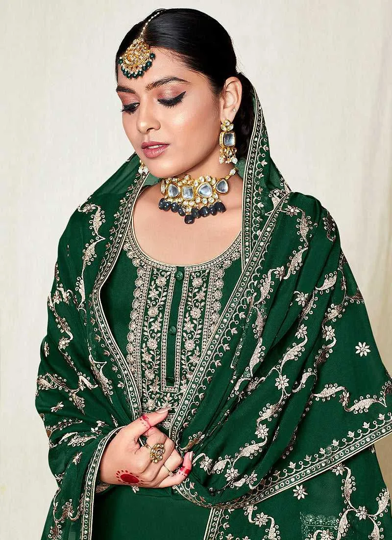 Green and Gold Embroidered Gharara Suit