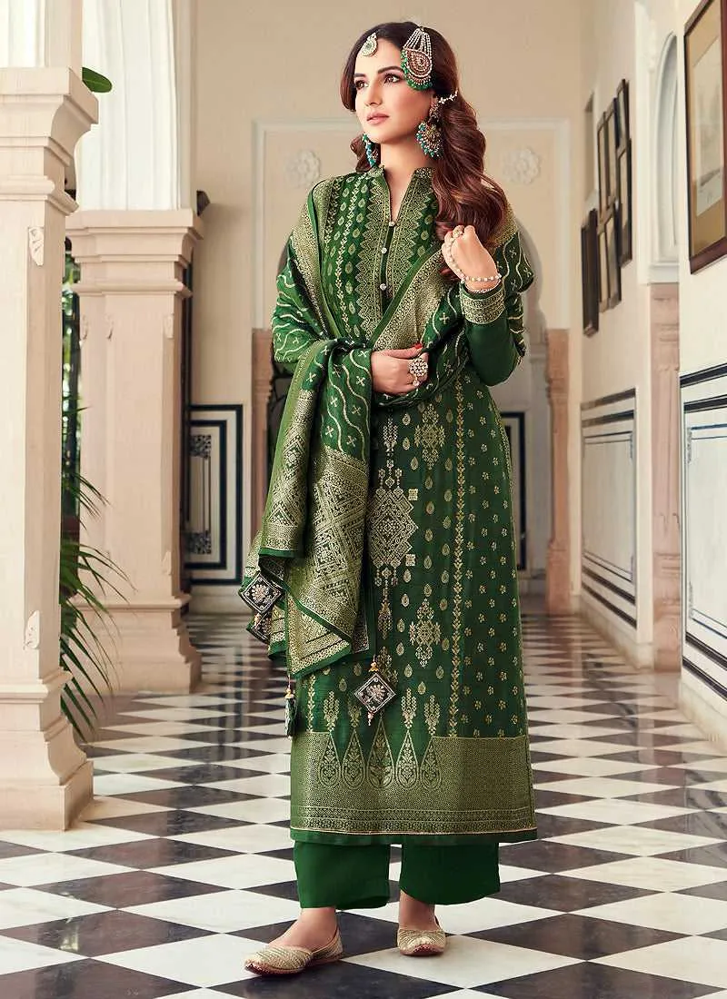 Green and Gold Embroidered Pant Style Suit