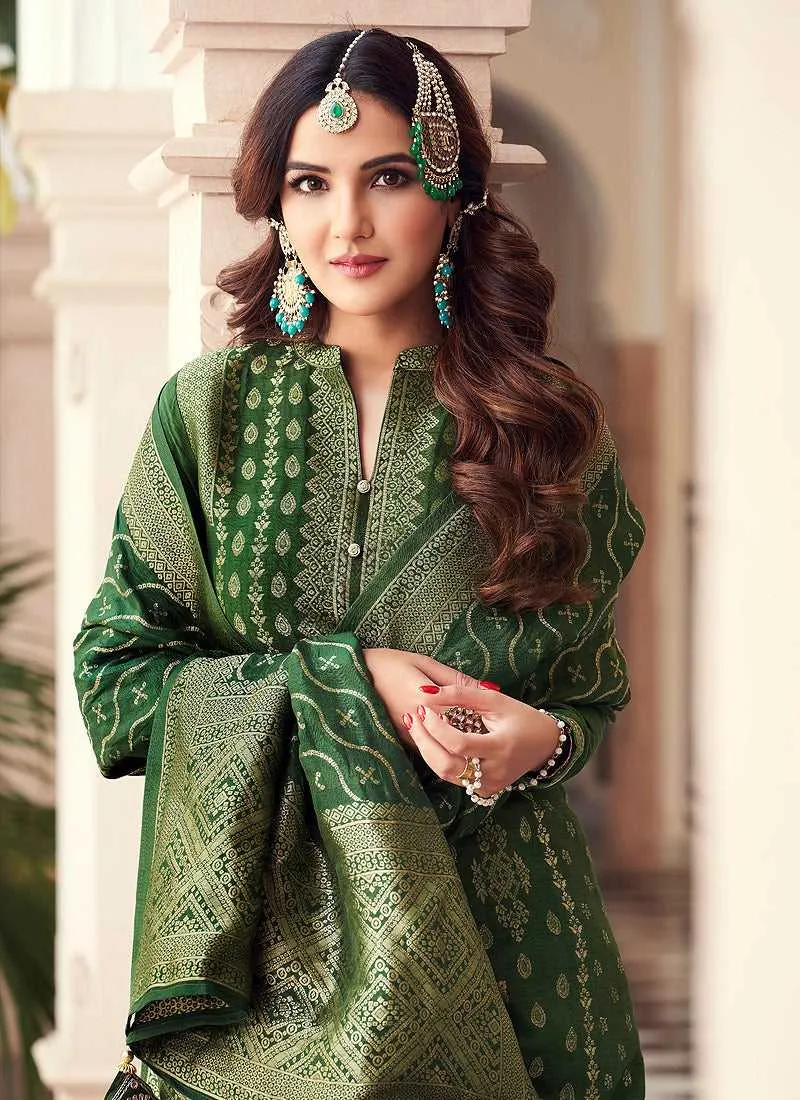 Green and Gold Embroidered Pant Style Suit
