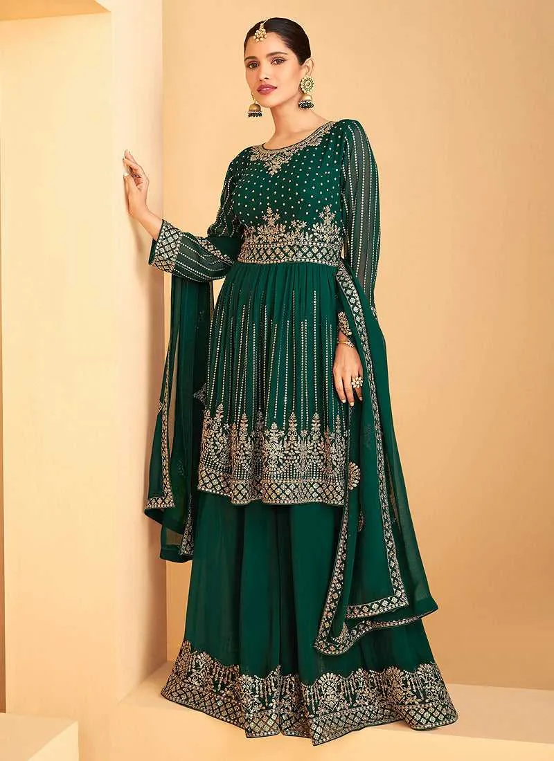 Green and Gold Heavy Embroidered Sharara Style Suit