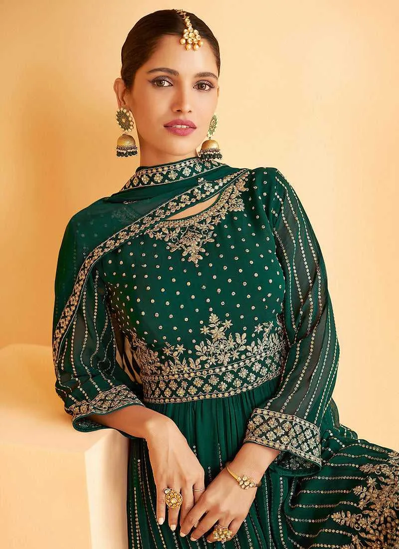 Green and Gold Heavy Embroidered Sharara Style Suit