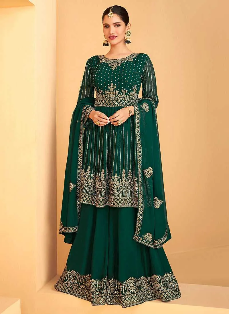 Green and Gold Heavy Embroidered Sharara Style Suit