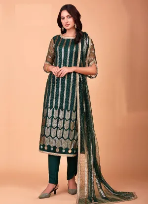 Green Sequin Embroidered Straight Pant Suit