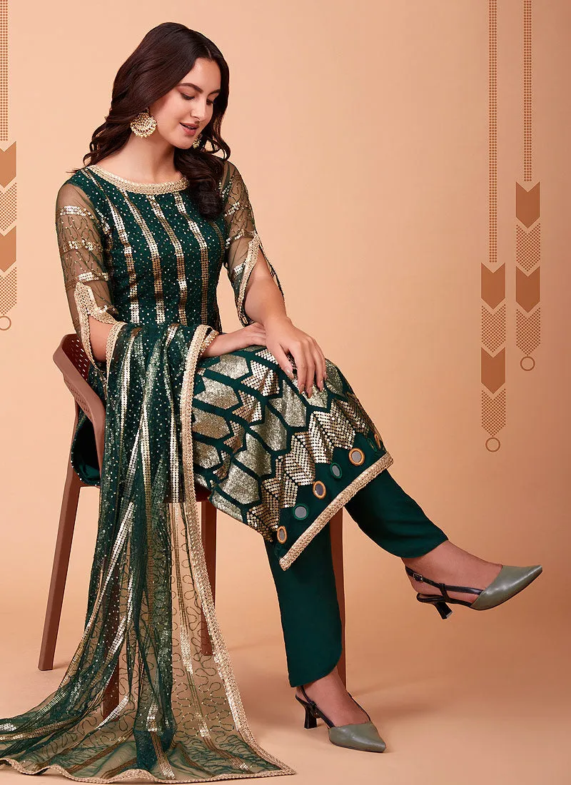 Green Sequin Embroidered Straight Pant Suit