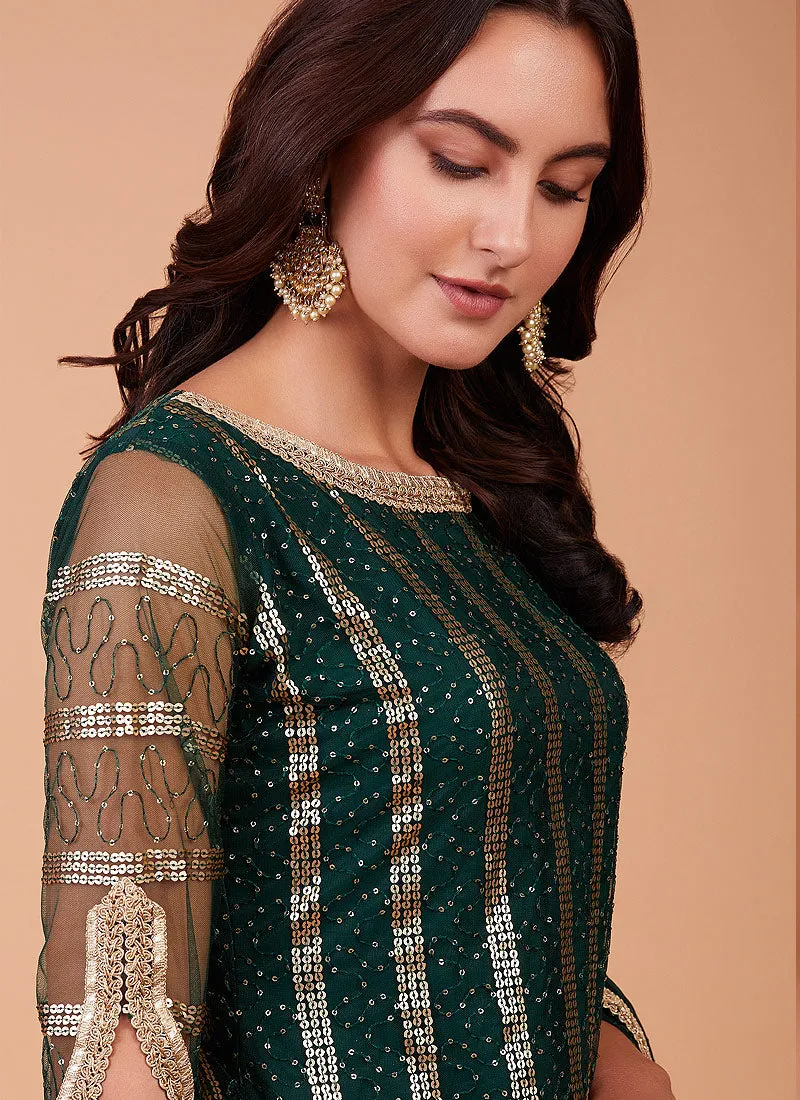 Green Sequin Embroidered Straight Pant Suit