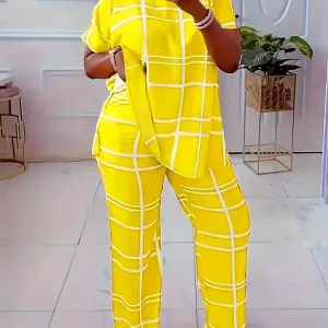 Grid Patterned Short Sleeve Top and Pants Set