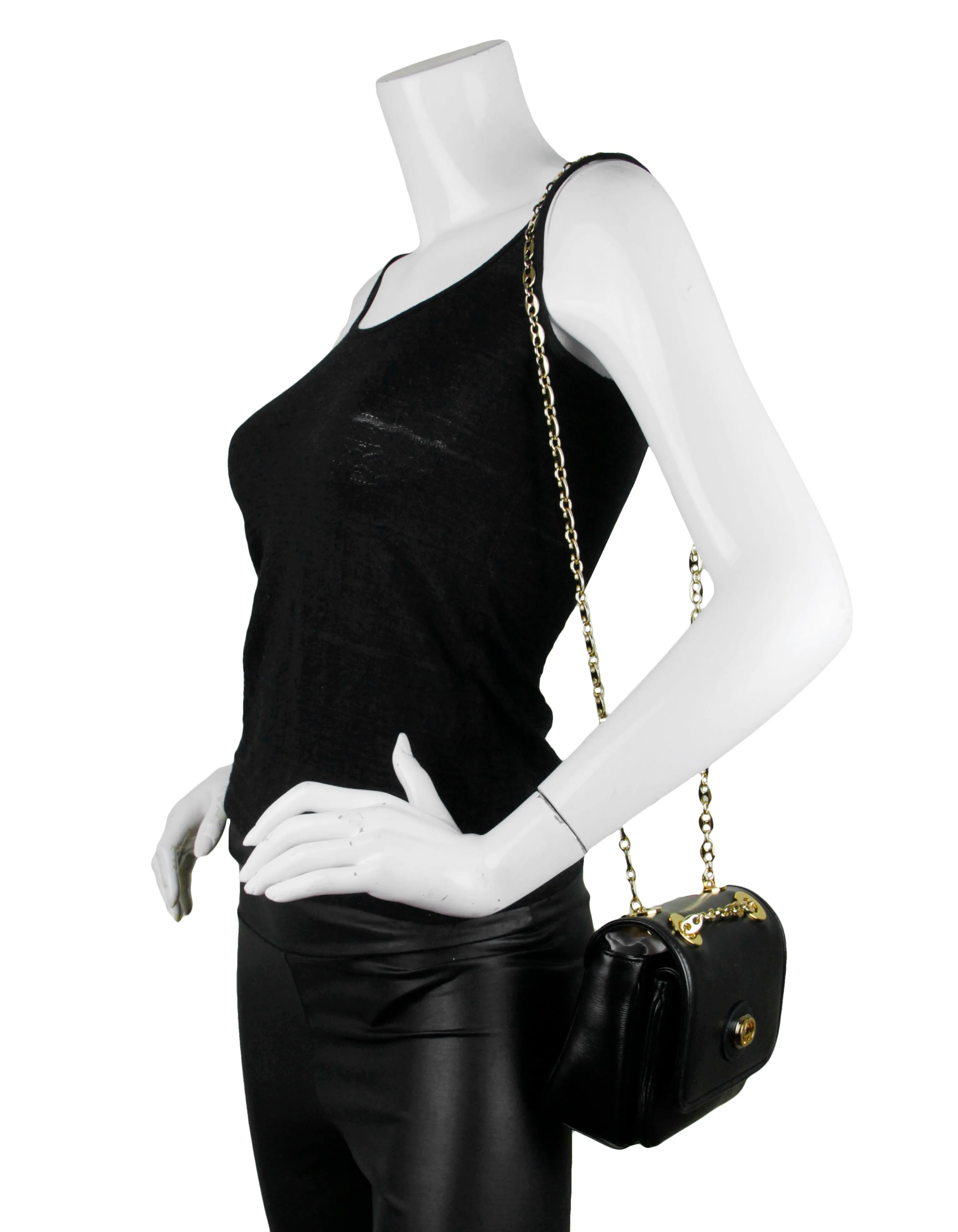 Gucci Black Leather GG Mini Marina Chain Shoulder Bag
