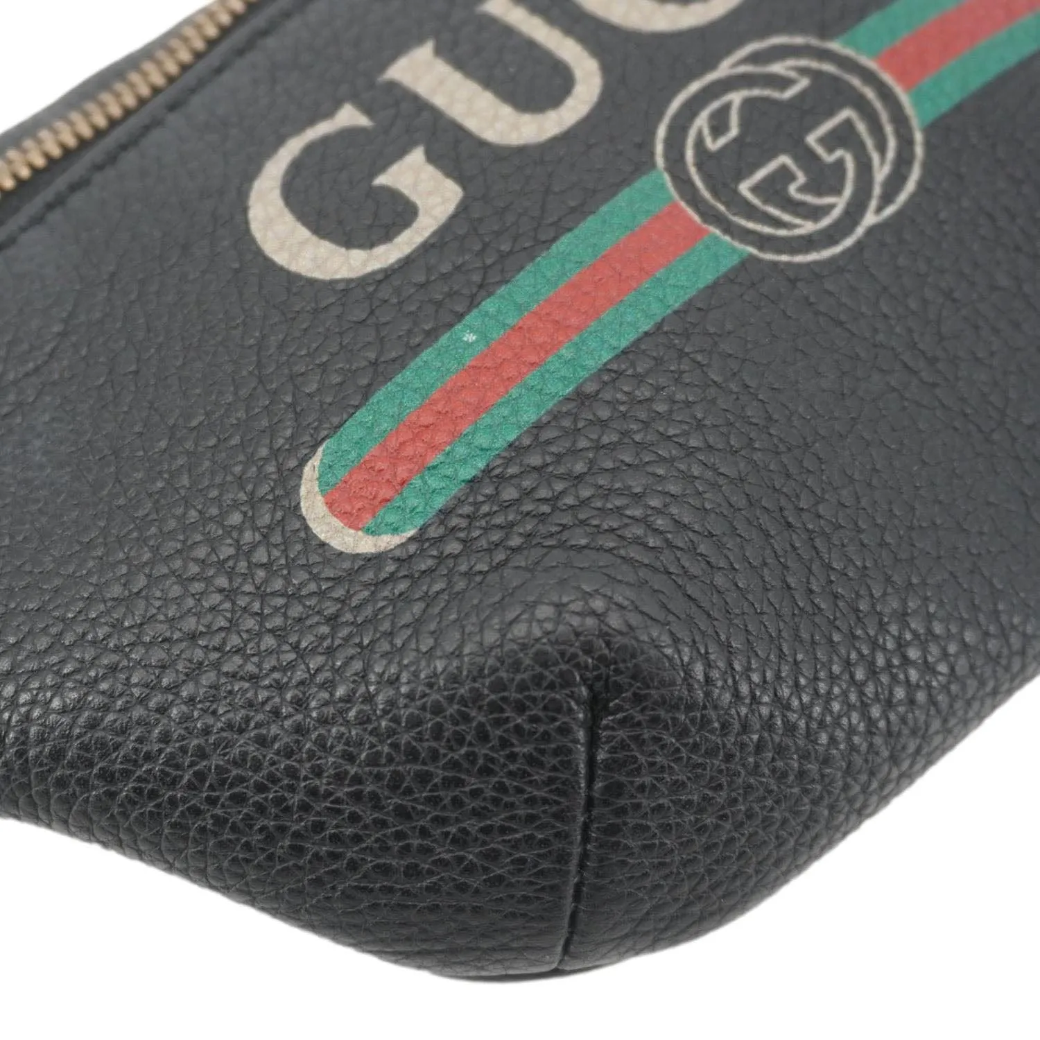 GUCCI Logo Print Small Grained Calfskin Leather Belt Bag Black 527792