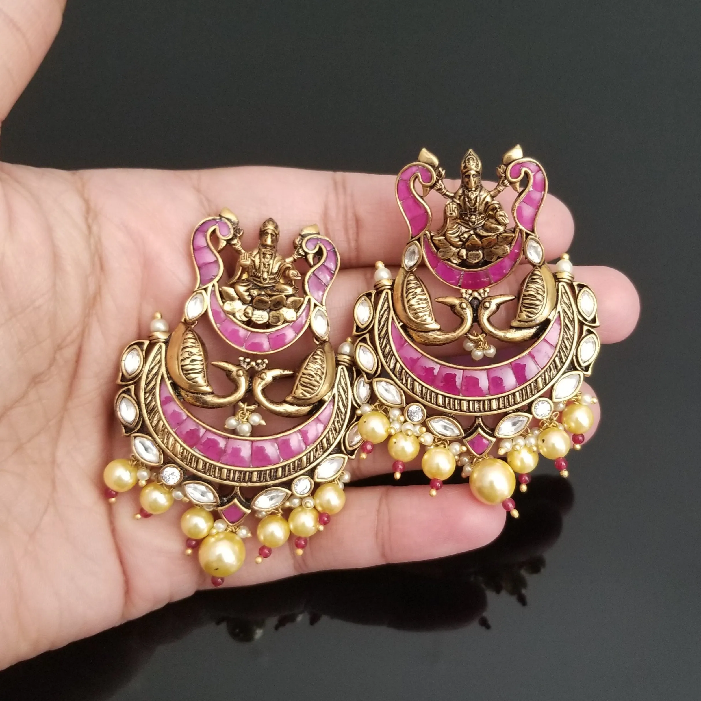 Hard Gold Plated Temple Style Kundan Earrings With Antique Polish BT4