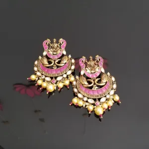 Hard Gold Plated Temple Style Kundan Earrings With Antique Polish BT4
