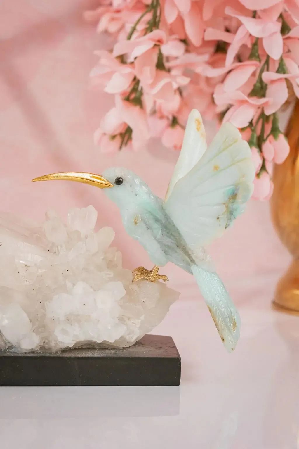 Harmony in Flight: Andean Blue Opal Hummingbird Sculpture on Quartz Base