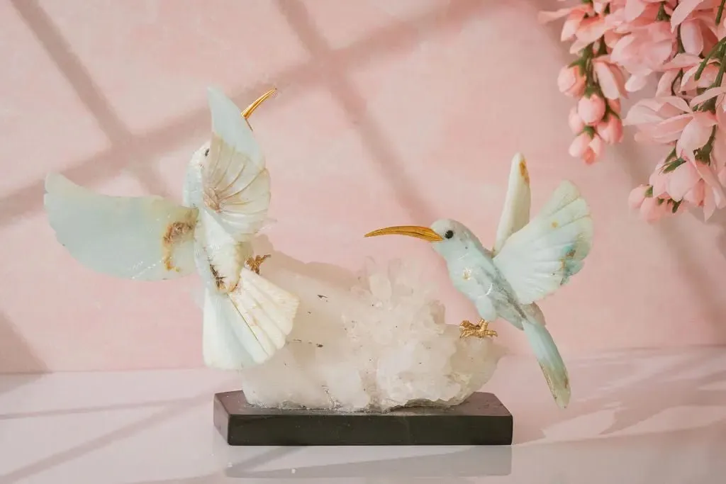 Harmony in Flight: Andean Blue Opal Hummingbird Sculpture on Quartz Base