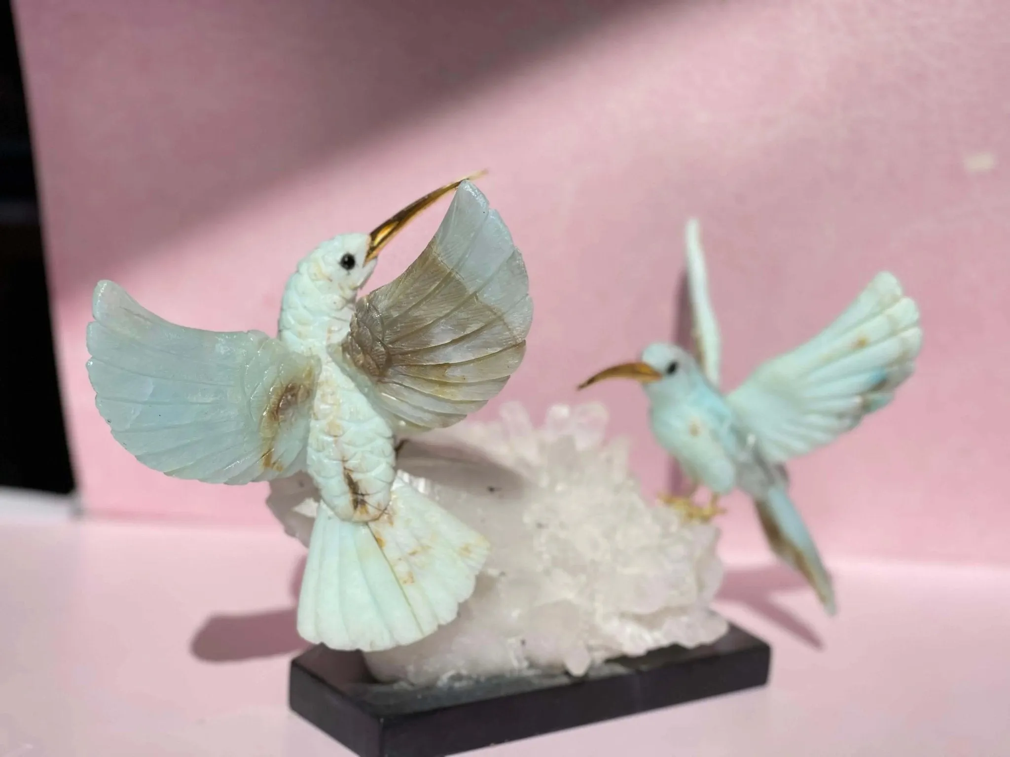 Harmony in Flight: Andean Blue Opal Hummingbird Sculpture on Quartz Base