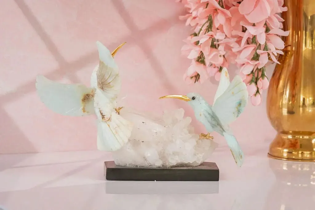Harmony in Flight: Andean Blue Opal Hummingbird Sculpture on Quartz Base