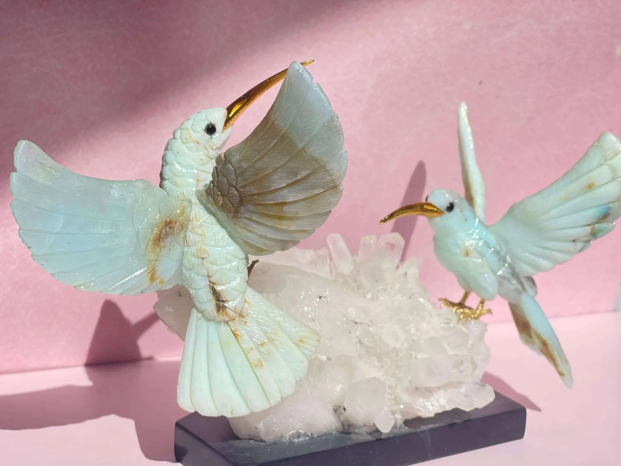 Harmony in Flight: Andean Blue Opal Hummingbird Sculpture on Quartz Base