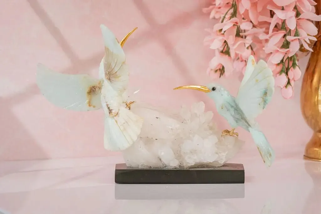 Harmony in Flight: Andean Blue Opal Hummingbird Sculpture on Quartz Base