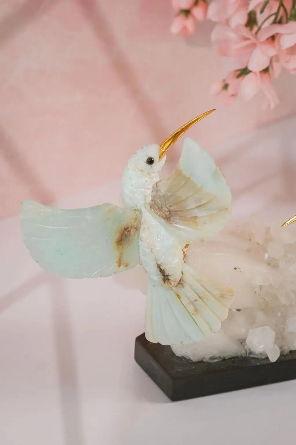 Harmony in Flight: Andean Blue Opal Hummingbird Sculpture on Quartz Base