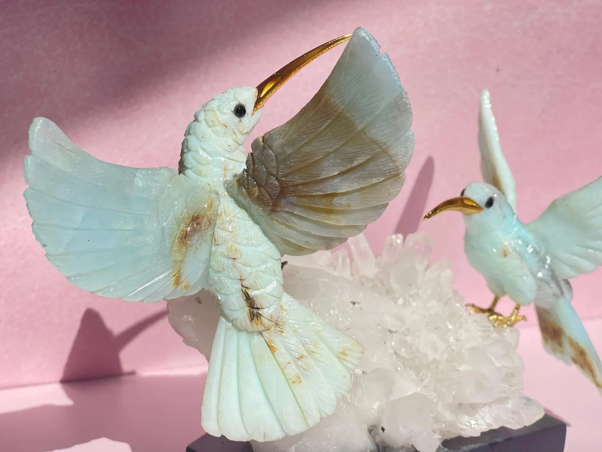 Harmony in Flight: Andean Blue Opal Hummingbird Sculpture on Quartz Base