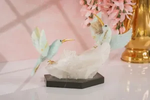 Harmony in Flight: Andean Blue Opal Hummingbird Sculpture on Quartz Base