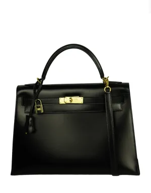 Hermes 32cm Black Box Leather Sellier Kelly Bag GHW